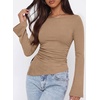 image:imagePRETTYGARDEN Womens Bell Long Sleeve Shirts 2026 Fall Boat Neck Ruched Asymmetrical Going Out Tops Ribbed Y2K ClothesKhaki