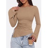 image:imagePRETTYGARDEN Womens Bell Long Sleeve Shirts 2026 Fall Boat Neck Ruched Asymmetrical Going Out Tops Ribbed Y2K ClothesKhaki