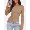 image:imagePRETTYGARDEN Womens Bell Long Sleeve Shirts 2026 Fall Boat Neck Ruched Asymmetrical Going Out Tops Ribbed Y2K ClothesKhaki