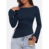 image:imagePRETTYGARDEN Womens Bell Long Sleeve Shirts 2026 Fall Boat Neck Ruched Asymmetrical Going Out Tops Ribbed Y2K ClothesNavy