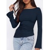 image:imagePRETTYGARDEN Womens Bell Long Sleeve Shirts 2026 Fall Boat Neck Ruched Asymmetrical Going Out Tops Ribbed Y2K ClothesNavy