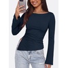 image:imagePRETTYGARDEN Womens Bell Long Sleeve Shirts 2026 Fall Boat Neck Ruched Asymmetrical Going Out Tops Ribbed Y2K ClothesNavy