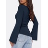 image:imagePRETTYGARDEN Womens Bell Long Sleeve Shirts 2026 Fall Boat Neck Ruched Asymmetrical Going Out Tops Ribbed Y2K ClothesNavy