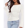 image:imagePRETTYGARDEN Womens Bell Long Sleeve Shirts 2026 Fall Boat Neck Ruched Asymmetrical Going Out Tops Ribbed Y2K ClothesWhite