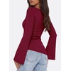 image:imagePRETTYGARDEN Womens Bell Long Sleeve Shirts 2026 Fall Boat Neck Ruched Asymmetrical Going Out Tops Ribbed Y2K ClothesWine Red