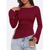 image:imagePRETTYGARDEN Womens Bell Long Sleeve Shirts 2026 Fall Boat Neck Ruched Asymmetrical Going Out Tops Ribbed Y2K ClothesWine Red