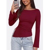image:imagePRETTYGARDEN Womens Bell Long Sleeve Shirts 2026 Fall Boat Neck Ruched Asymmetrical Going Out Tops Ribbed Y2K ClothesWine Red