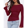 image:imagePRETTYGARDEN Womens Bell Long Sleeve Shirts 2026 Fall Boat Neck Ruched Asymmetrical Going Out Tops Ribbed Y2K ClothesWine Red