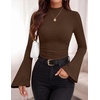image:imagePRETTYGARDEN Womens Long Bell Sleeve Mock Neck Ribbed Tops  Ribbed Flare Bell Sleeve Top Flattering Ruched Waist Y2K Clothes Dressy Casual Shirts Fall Winter Work Going Out OutfitsBrown