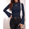 image:imagePRETTYGARDEN Womens Long Bell Sleeve Mock Neck Ribbed Tops  Ribbed Flare Bell Sleeve Top Flattering Ruched Waist Y2K Clothes Dressy Casual Shirts Fall Winter Work Going Out OutfitsNavy