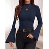 image:imagePRETTYGARDEN Womens Long Bell Sleeve Mock Neck Ribbed Tops  Ribbed Flare Bell Sleeve Top Flattering Ruched Waist Y2K Clothes Dressy Casual Shirts Fall Winter Work Going Out OutfitsNavy
