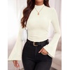 image:imagePRETTYGARDEN Womens Long Bell Sleeve Mock Neck Ribbed Tops  Ribbed Flare Bell Sleeve Top Flattering Ruched Waist Y2K Clothes Dressy Casual Shirts Fall Winter Work Going Out OutfitsBeige