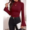 image:imagePRETTYGARDEN Womens Long Bell Sleeve Mock Neck Ribbed Tops  Ribbed Flare Bell Sleeve Top Flattering Ruched Waist Y2K Clothes Dressy Casual Shirts Fall Winter Work Going Out OutfitsWine Red