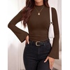 image:imagePRETTYGARDEN Womens Long Bell Sleeve Mock Neck Ribbed Tops  Ribbed Flare Bell Sleeve Top Flattering Ruched Waist Y2K Clothes Dressy Casual Shirts Fall Winter Work Going Out OutfitsBrown
