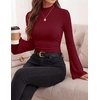 image:imagePRETTYGARDEN Womens Long Bell Sleeve Mock Neck Ribbed Tops  Ribbed Flare Bell Sleeve Top Flattering Ruched Waist Y2K Clothes Dressy Casual Shirts Fall Winter Work Going Out OutfitsWine Red