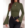 image:imagePRETTYGARDEN Womens Long Bell Sleeve Mock Neck Ribbed Tops  Ribbed Flare Bell Sleeve Top Flattering Ruched Waist Y2K Clothes Dressy Casual Shirts Fall Winter Work Going Out OutfitsArmy Green