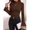 image:imagePRETTYGARDEN Womens Long Bell Sleeve Mock Neck Ribbed Tops  Ribbed Flare Bell Sleeve Top Flattering Ruched Waist Y2K Clothes Dressy Casual Shirts Fall Winter Work Going Out OutfitsBrown