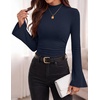 image:imagePRETTYGARDEN Womens Long Bell Sleeve Mock Neck Ribbed Tops  Ribbed Flare Bell Sleeve Top Flattering Ruched Waist Y2K Clothes Dressy Casual Shirts Fall Winter Work Going Out OutfitsNavy