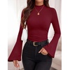 image:imagePRETTYGARDEN Womens Long Bell Sleeve Mock Neck Ribbed Tops  Ribbed Flare Bell Sleeve Top Flattering Ruched Waist Y2K Clothes Dressy Casual Shirts Fall Winter Work Going Out OutfitsWine Red