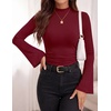 image:imagePRETTYGARDEN Womens Long Bell Sleeve Mock Neck Ribbed Tops  Ribbed Flare Bell Sleeve Top Flattering Ruched Waist Y2K Clothes Dressy Casual Shirts Fall Winter Work Going Out OutfitsWine Red