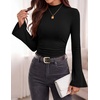 image:imagePRETTYGARDEN Womens Long Bell Sleeve Mock Neck Ribbed Tops  Ribbed Flare Bell Sleeve Top Flattering Ruched Waist Y2K Clothes Dressy Casual Shirts Fall Winter Work Going Out OutfitsBlack