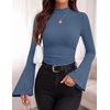 image:imagePRETTYGARDEN Womens Long Bell Sleeve Mock Neck Ribbed Tops  Ribbed Flare Bell Sleeve Top Flattering Ruched Waist Y2K Clothes Dressy Casual Shirts Fall Winter Work Going Out OutfitsGrey Blue