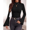 image:imagePRETTYGARDEN Womens Long Bell Sleeve Mock Neck Ribbed Tops  Ribbed Flare Bell Sleeve Top Flattering Ruched Waist Y2K Clothes Dressy Casual Shirts Fall Winter Work Going Out OutfitsBlack