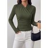 image:imagePRETTYGARDEN Womens Long Sleeve Shirts 2026 Fall V Neck Cross Wrap Going Out Top Ribbed Ruched Fitted Business Casual ClothesArmy Green