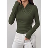 image:imagePRETTYGARDEN Womens Long Sleeve Shirts 2026 Fall V Neck Cross Wrap Going Out Top Ribbed Ruched Fitted Business Casual ClothesArmy Green