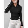 image:imagePRETTYGARDEN Womens Long Sleeve Shirts 2026 Fall V Neck Cross Wrap Going Out Top Ribbed Ruched Fitted Business Casual ClothesBlack
