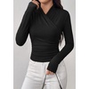 image:imagePRETTYGARDEN Womens Long Sleeve Shirts 2026 Fall V Neck Cross Wrap Going Out Top Ribbed Ruched Fitted Business Casual ClothesBlack