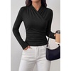 image:imagePRETTYGARDEN Womens Long Sleeve Shirts 2026 Fall V Neck Cross Wrap Going Out Top Ribbed Ruched Fitted Business Casual ClothesBlack