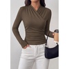 image:imagePRETTYGARDEN Womens Long Sleeve Shirts 2026 Fall V Neck Cross Wrap Going Out Top Ribbed Ruched Fitted Business Casual ClothesBrown