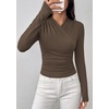 image:imagePRETTYGARDEN Womens Long Sleeve Shirts 2026 Fall V Neck Cross Wrap Going Out Top Ribbed Ruched Fitted Business Casual ClothesBrown