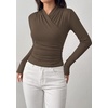 image:imagePRETTYGARDEN Womens Long Sleeve Shirts 2026 Fall V Neck Cross Wrap Going Out Top Ribbed Ruched Fitted Business Casual ClothesBrown