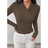 image:imagePRETTYGARDEN Womens Long Sleeve Shirts 2026 Fall V Neck Cross Wrap Going Out Top Ribbed Ruched Fitted Business Casual ClothesBrown