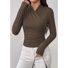 image:imagePRETTYGARDEN Womens Long Sleeve Shirts 2026 Fall V Neck Cross Wrap Going Out Top Ribbed Ruched Fitted Business Casual ClothesBrown