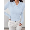 image:imagePRETTYGARDEN Womens Long Sleeve Shirts 2026 Fall V Neck Cross Wrap Going Out Top Ribbed Ruched Fitted Business Casual ClothesLight Blue