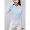 image:imagePRETTYGARDEN Womens Long Sleeve Shirts 2026 Fall V Neck Cross Wrap Going Out Top Ribbed Ruched Fitted Business Casual ClothesLight Blue