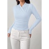 image:imagePRETTYGARDEN Womens Long Sleeve Shirts 2026 Fall V Neck Cross Wrap Going Out Top Ribbed Ruched Fitted Business Casual ClothesLight Blue