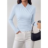 image:imagePRETTYGARDEN Womens Long Sleeve Shirts 2026 Fall V Neck Cross Wrap Going Out Top Ribbed Ruched Fitted Business Casual ClothesLight Blue