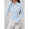 image:imagePRETTYGARDEN Womens Long Sleeve Shirts 2026 Fall V Neck Cross Wrap Going Out Top Ribbed Ruched Fitted Business Casual ClothesLight Blue