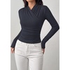 image:imagePRETTYGARDEN Womens Long Sleeve Shirts 2026 Fall V Neck Cross Wrap Going Out Top Ribbed Ruched Fitted Business Casual ClothesNavy Blue