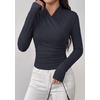 image:imagePRETTYGARDEN Womens Long Sleeve Shirts 2026 Fall V Neck Cross Wrap Going Out Top Ribbed Ruched Fitted Business Casual ClothesNavy Blue