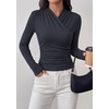image:imagePRETTYGARDEN Womens Long Sleeve Shirts 2026 Fall V Neck Cross Wrap Going Out Top Ribbed Ruched Fitted Business Casual ClothesNavy Blue
