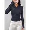 image:imagePRETTYGARDEN Womens Long Sleeve Shirts 2026 Fall V Neck Cross Wrap Going Out Top Ribbed Ruched Fitted Business Casual ClothesNavy Blue