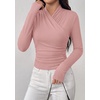 image:imagePRETTYGARDEN Womens Long Sleeve Shirts 2026 Fall V Neck Cross Wrap Going Out Top Ribbed Ruched Fitted Business Casual ClothesPink