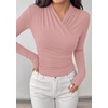image:imagePRETTYGARDEN Womens Long Sleeve Shirts 2026 Fall V Neck Cross Wrap Going Out Top Ribbed Ruched Fitted Business Casual ClothesPink