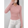 image:imagePRETTYGARDEN Womens Long Sleeve Shirts 2026 Fall V Neck Cross Wrap Going Out Top Ribbed Ruched Fitted Business Casual ClothesPink
