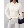 image:imagePRETTYGARDEN Womens Long Sleeve Shirts 2026 Fall V Neck Cross Wrap Going Out Top Ribbed Ruched Fitted Business Casual ClothesWhite